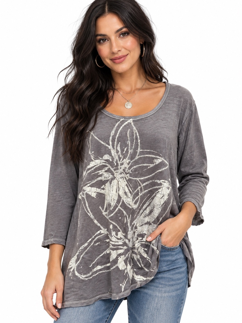 Casual 100% Cotton Boho Gray Floral Print Scoop Neck Top 14/16